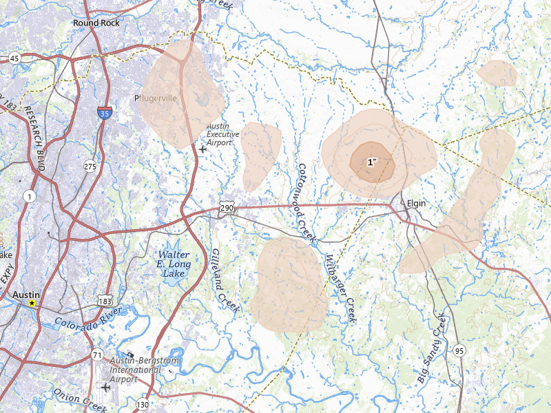 Radar-estimated hail-size map of the storm over Manor, TX on May 10, 2026