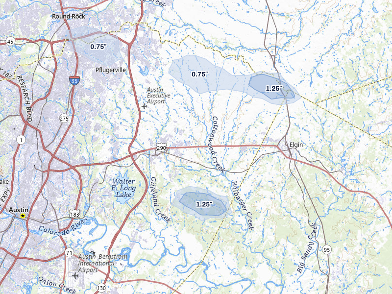 NEXRAD radar-signature map of the hail storm over Manor, TX on May 10, 2026