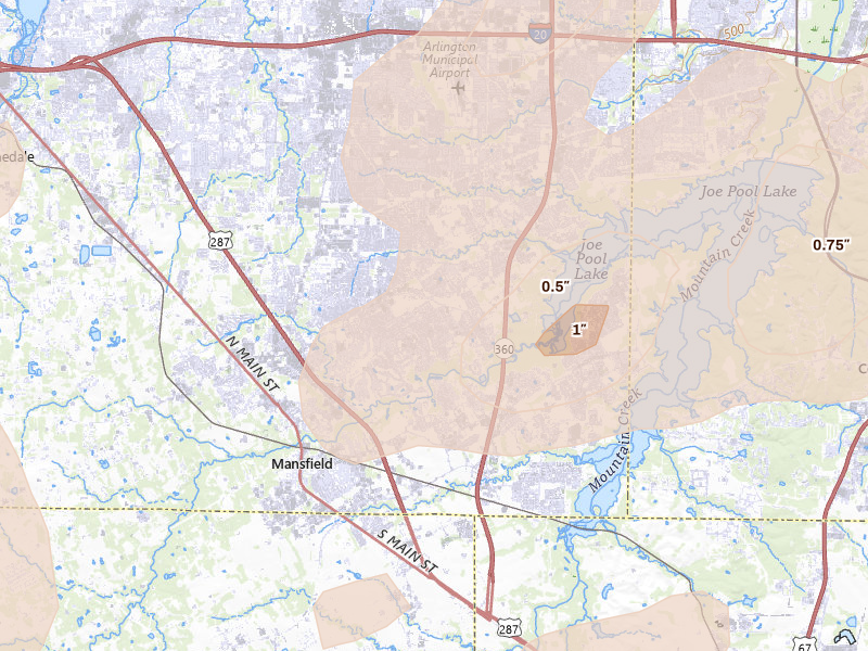 Radar-estimated hail-size map of the storm over Mansfield, TX on Mar 4, 2026