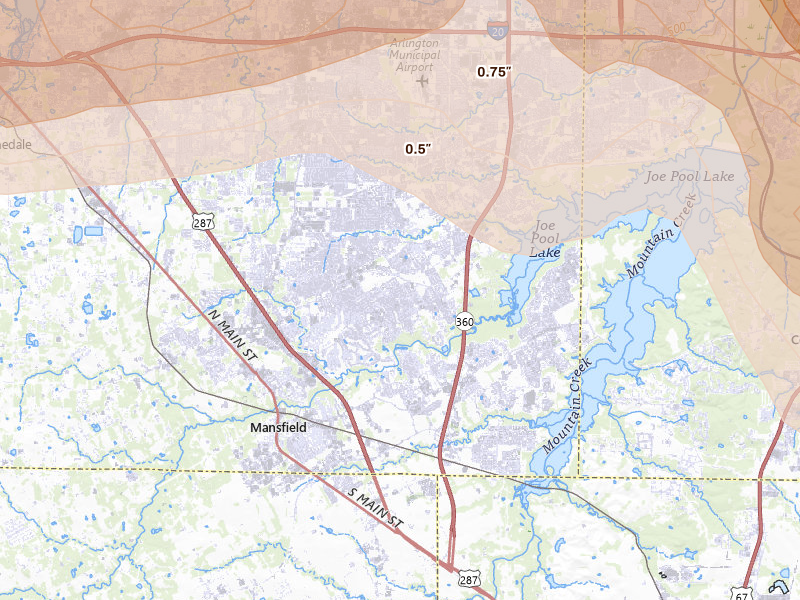 Radar-estimated hail-size map of the storm over Mansfield, TX on Apr 25, 2026