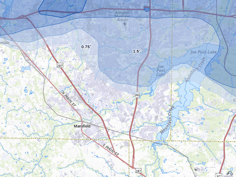 NEXRAD radar-signature map of the hail over Mansfield, TX