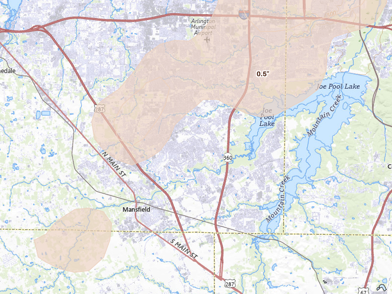 Radar-estimated hail-size map of the storm over Mansfield, TX on Jun 2, 2026