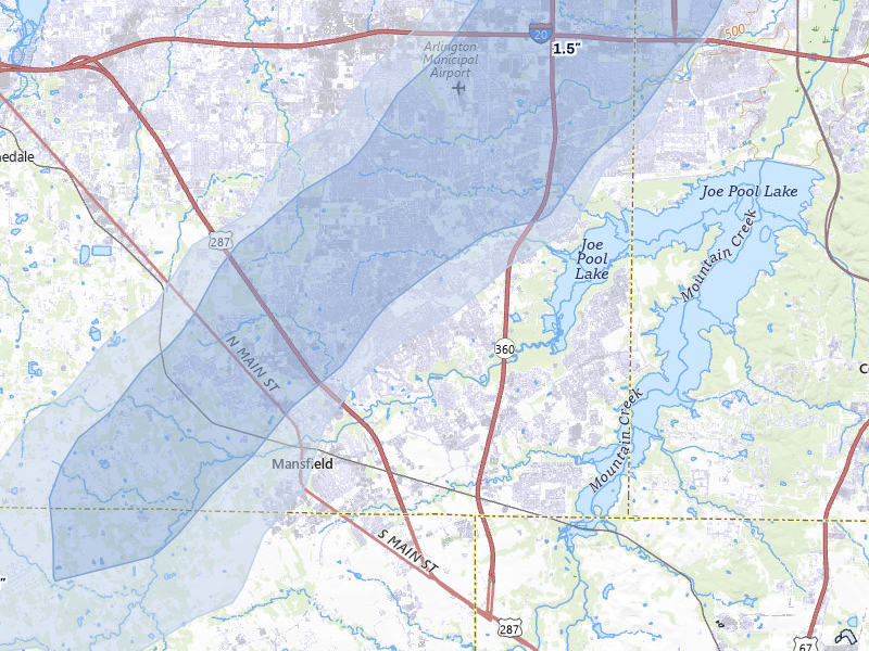 NEXRAD radar-signature map of the hail over Mansfield, TX
