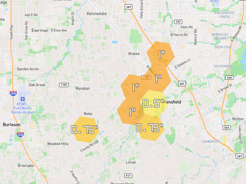 Hail map of Mansfield, TX on Jun 2, 2026, hail up to 1"