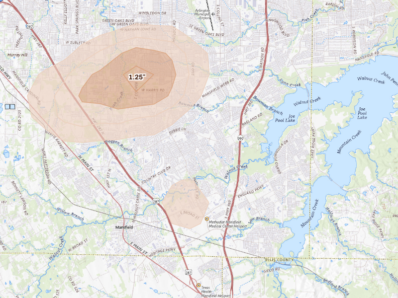 Radar-estimated hail-size map of the storm over Mansfield, TX