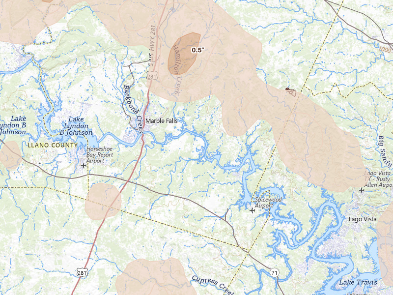 Radar-estimated hail-size map of the storm over Marble Falls, TX on May 19, 2026