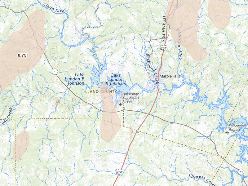 Radar-estimated hail-size map of the storm over Marble Falls, TX on May 26, 2026