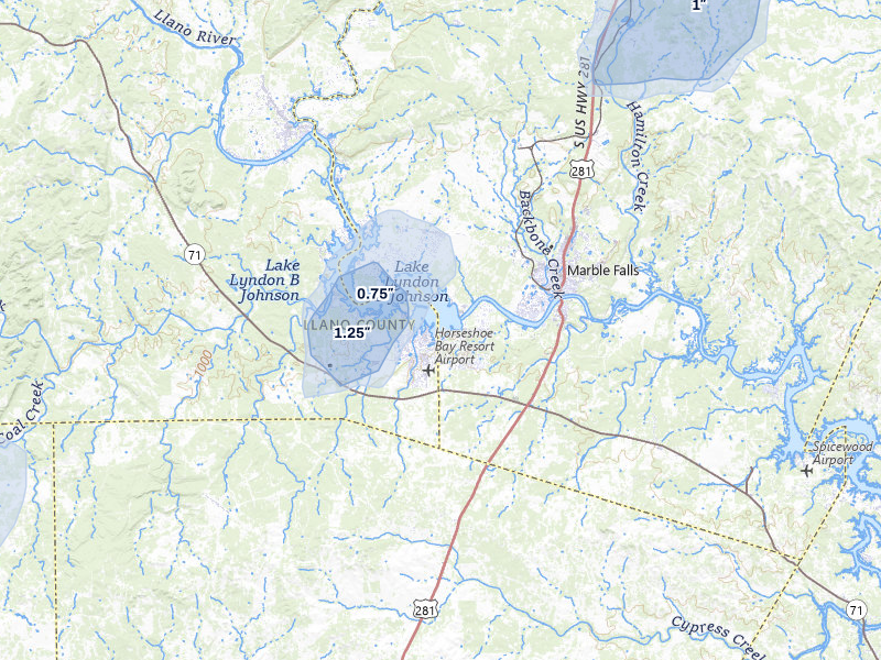 NEXRAD radar-signature map of the hail storm over Marble Falls, TX on May 26, 2026