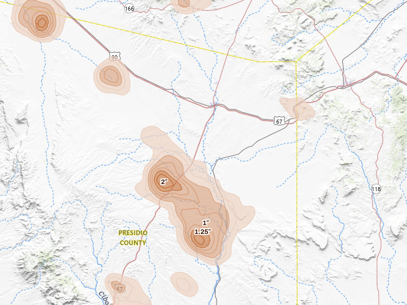 Radar-estimated hail-size map of the storm over Marfa, TX on Jun 2, 2026