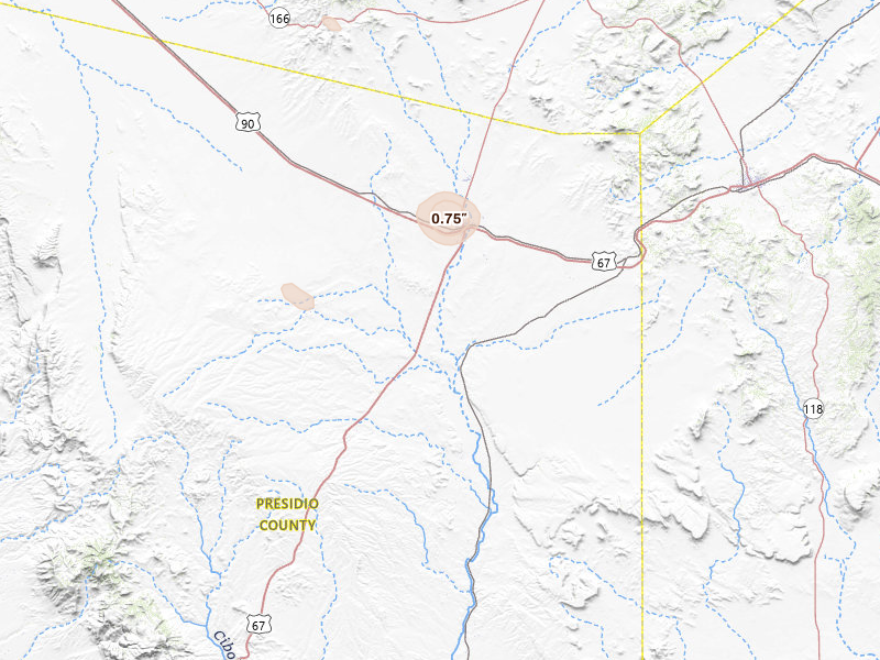Radar-estimated hail-size map of the storm over Marfa, TX on Jul 4, 2026