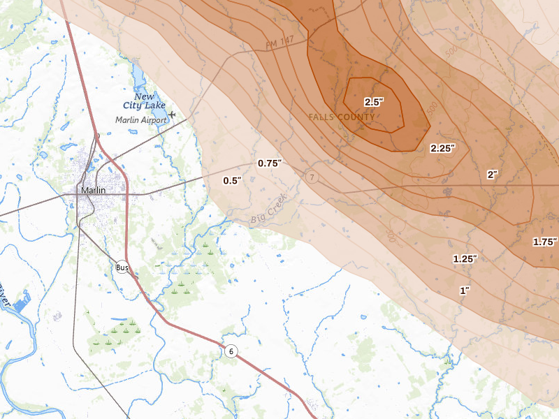 Radar-estimated hail-size map of the storm over Marlin, TX on Apr 28, 2026