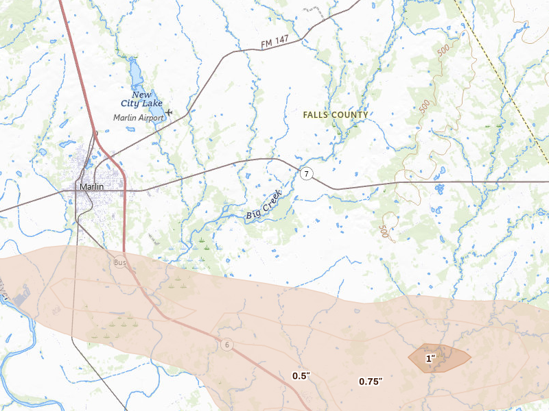 Radar-estimated hail-size map of the storm over Marlin, TX on Apr 29, 2026