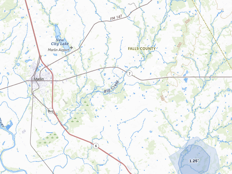 NEXRAD radar-signature map of the hail storm over Marlin, TX on Apr 29, 2026