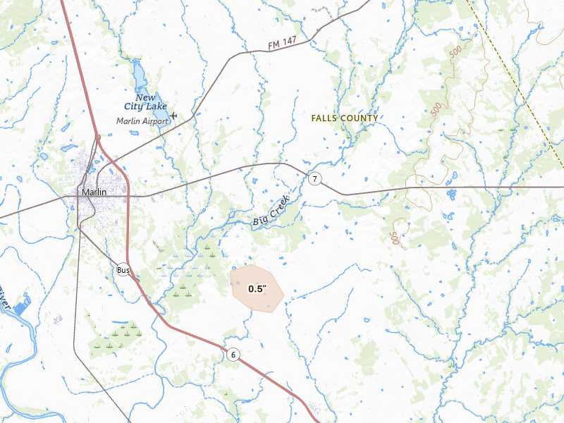 Radar-estimated hail-size map of the storm over Marlin, TX on Jun 2, 2026