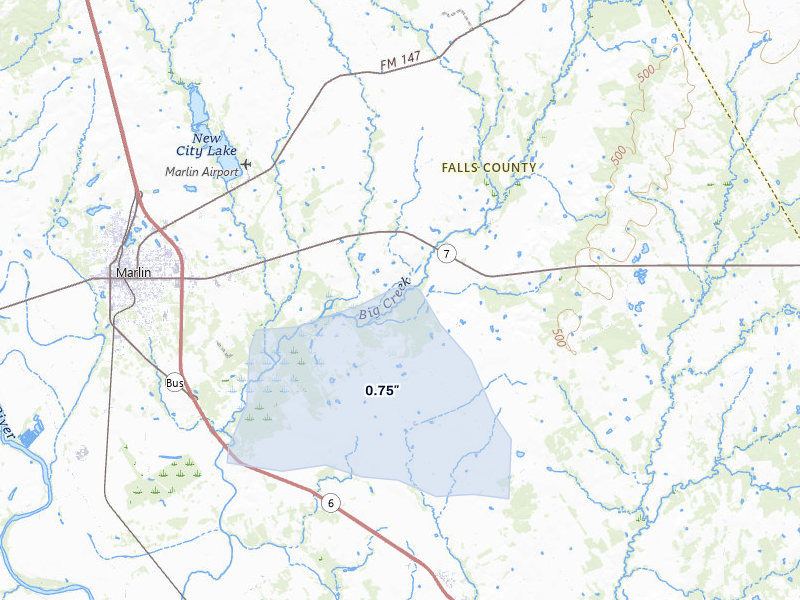NEXRAD radar-signature map of the hail over Marlin, TX