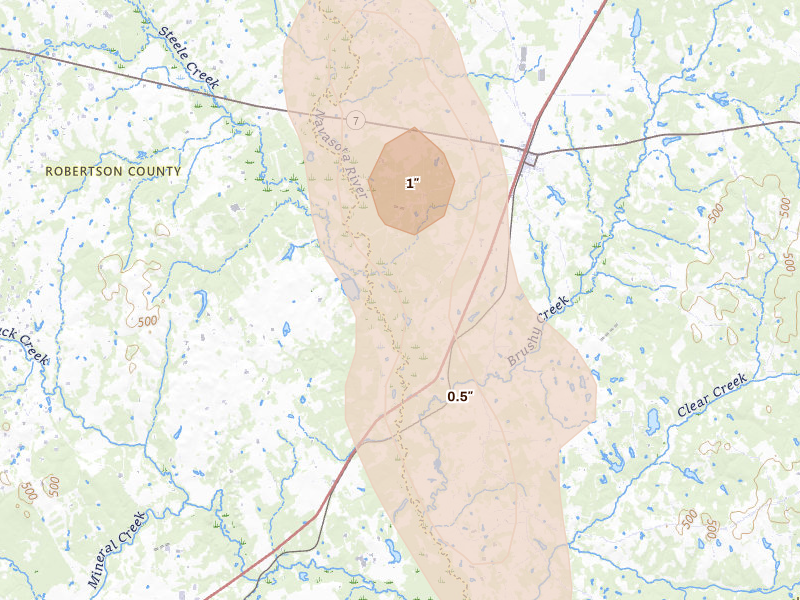 Radar-estimated hail-size map of the storm over Marquez, TX