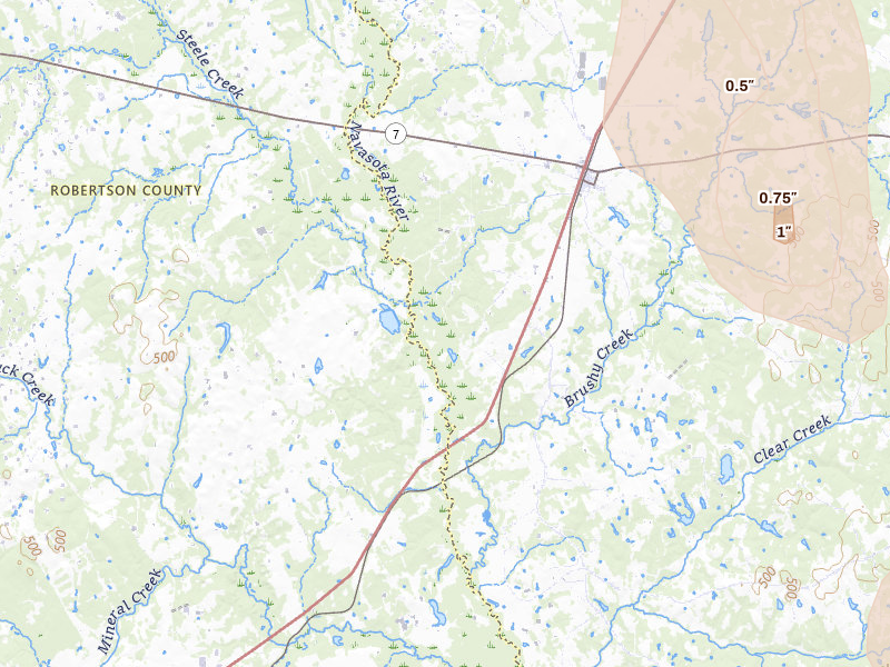 Radar-estimated hail-size map of the storm over Marquez, TX on May 25, 2026