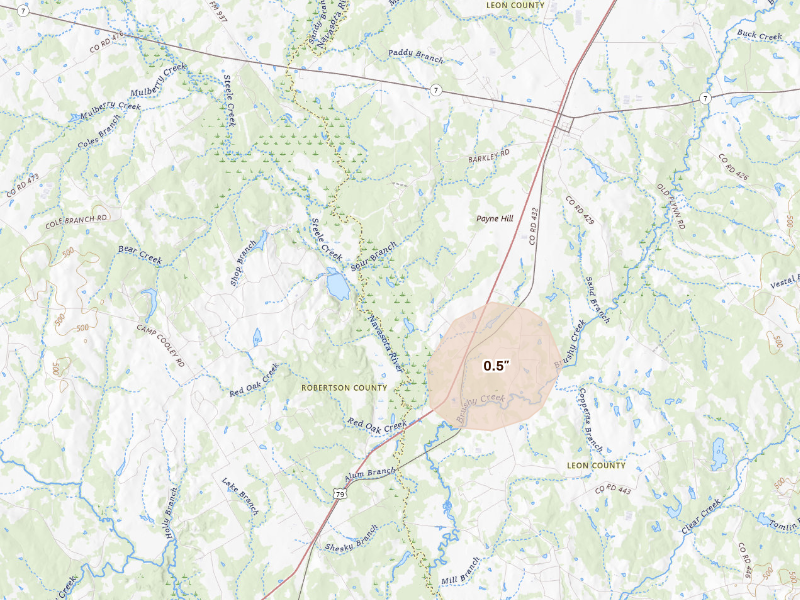 Radar-estimated hail-size map of the storm over Marquez, TX