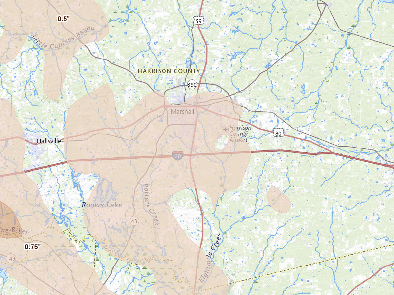 Radar-estimated hail-size map of the storm over Marshall, TX on Apr 24, 2026