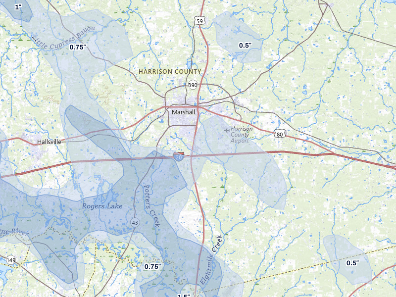 NEXRAD radar-signature map of the hail over Marshall, TX