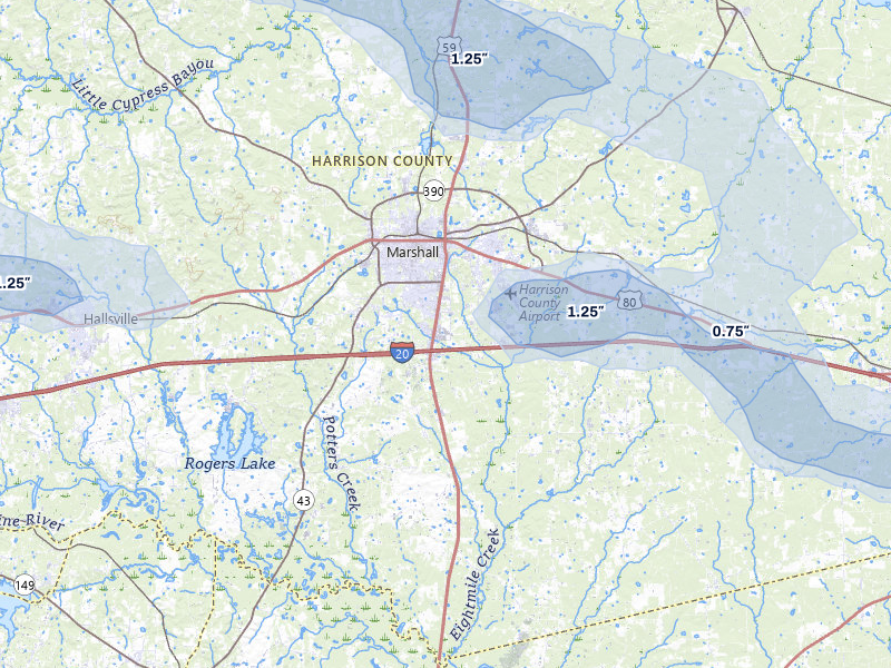 NEXRAD radar-signature map of the hail storm over Marshall, TX on May 8, 2026