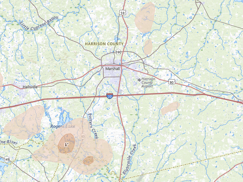 Radar-estimated hail-size map of the storm over Marshall, TX on May 22, 2026