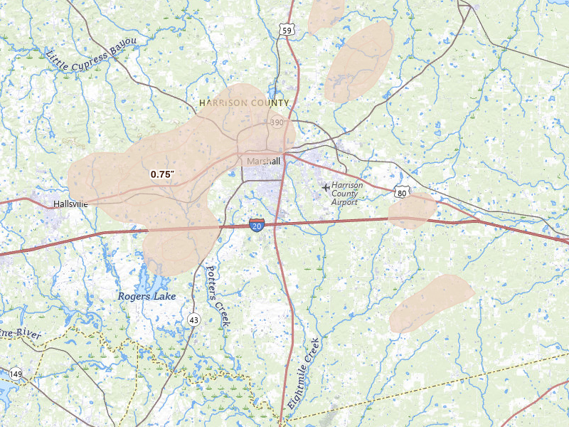 Radar-estimated hail-size map of the storm over Marshall, TX on Jun 2, 2026