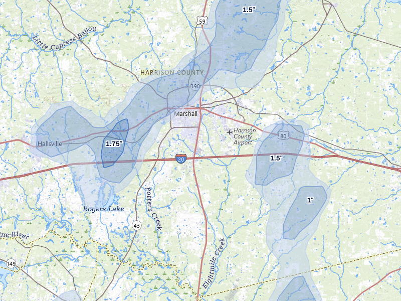 NEXRAD radar-signature map of the hail over Marshall, TX