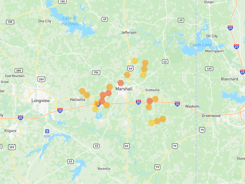 Hail map of Marshall, TX on Jun 2, 2026, hail up to 1.75"
