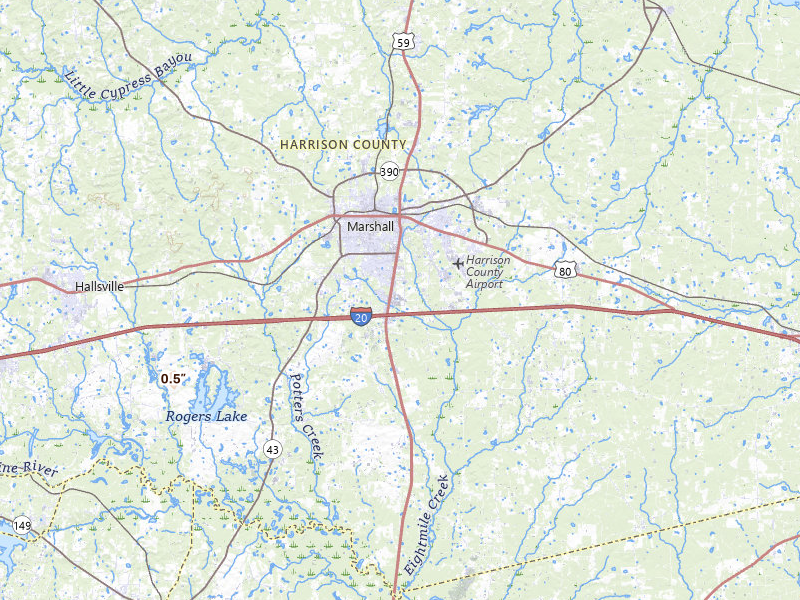 Radar-estimated hail-size map of the storm over Marshall, TX on Jun 19, 2026