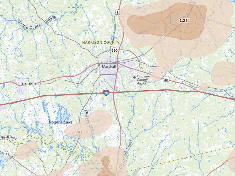 Radar-estimated hail-size map of the storm over Marshall, TX on Jul 6, 2026