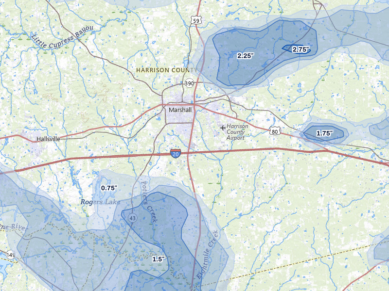 NEXRAD radar-signature map of the hail storm over Marshall, TX on Jul 6, 2026