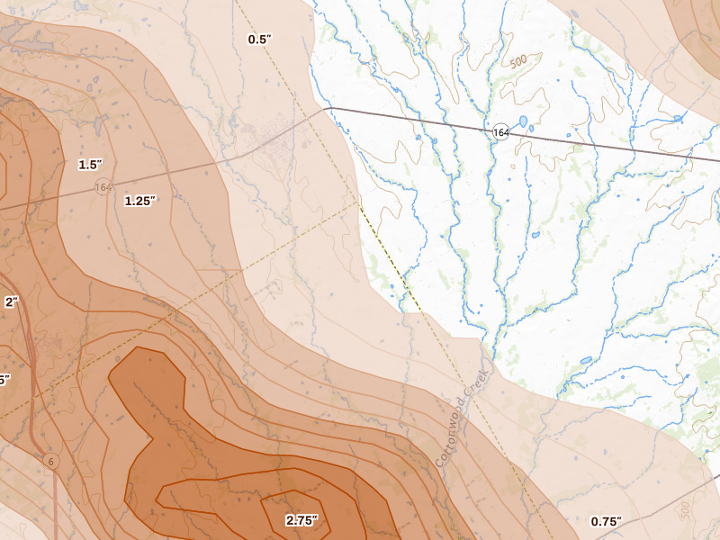 Radar-estimated hail-size map of the storm over Mart, TX on Apr 28, 2026