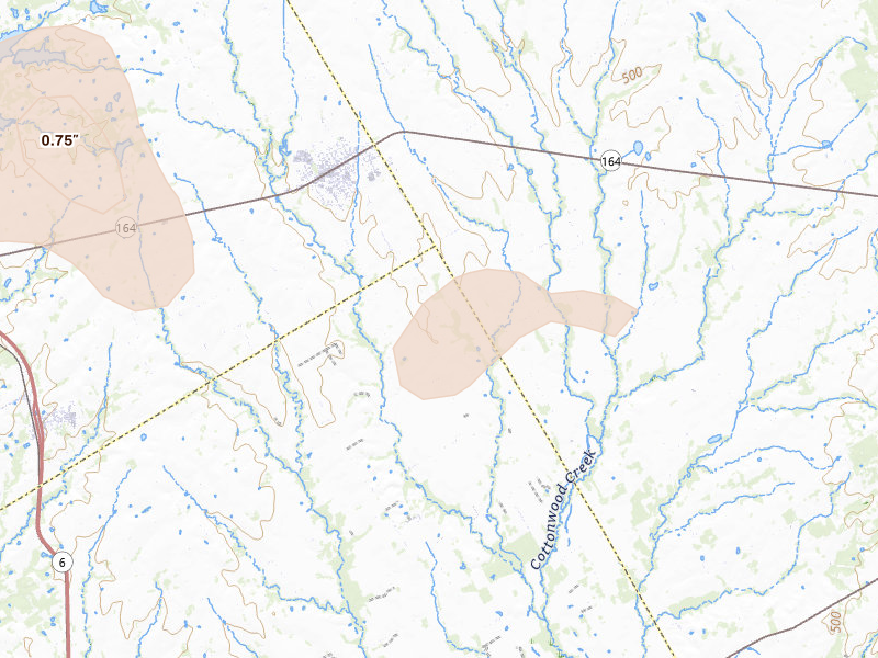 Radar-estimated hail-size map of the storm over Mart, TX on Jun 2, 2026