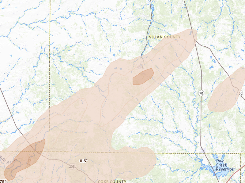 Radar-estimated hail-size map of the storm over Maryneal, TX on Mar 6, 2026