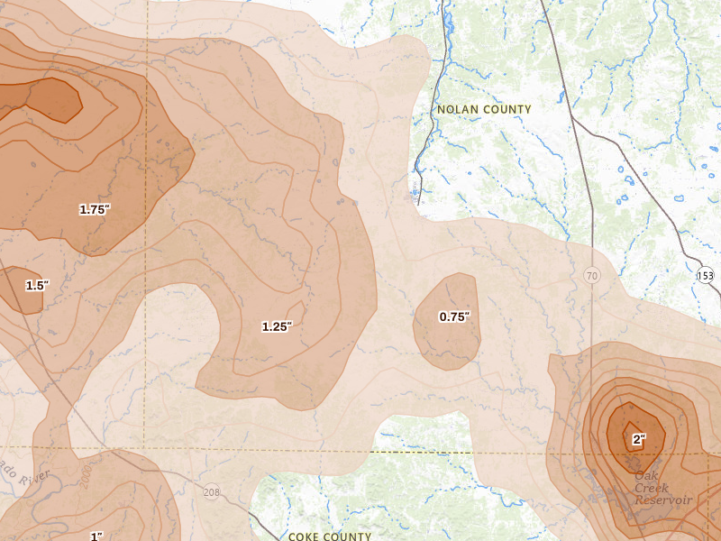 Radar-estimated hail-size map of the storm over Maryneal, TX on May 10, 2026