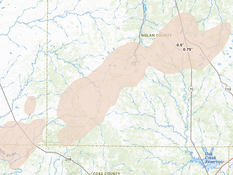 Radar-estimated hail-size map of the storm over Maryneal, TX on May 19, 2026
