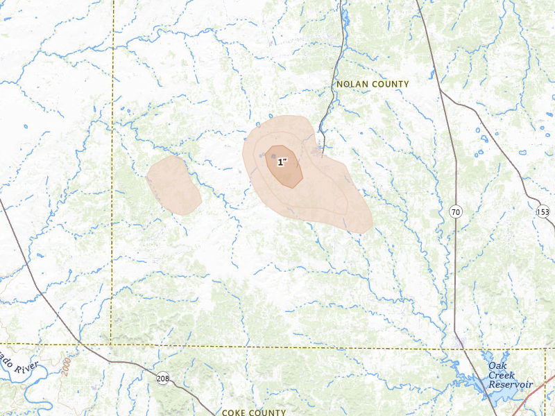 Radar-estimated hail-size map of the storm over Maryneal, TX on Jun 2, 2026