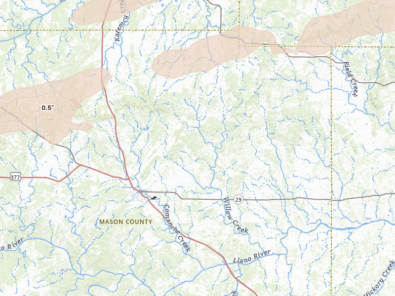 Radar-estimated hail-size map of the storm over Mason, TX on Apr 18, 2026