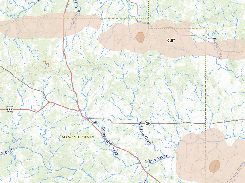 Radar-estimated hail-size map of the storm over Mason, TX on Apr 30, 2026