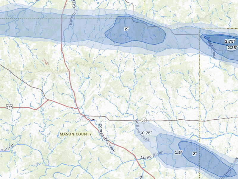 NEXRAD radar-signature map of the hail over Mason, TX