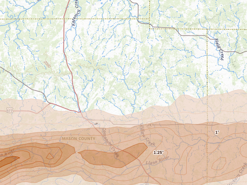 Radar-estimated hail-size map of the storm over Mason, TX on May 6, 2026