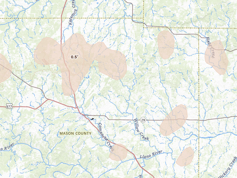 Radar-estimated hail-size map of the storm over Mason, TX on May 19, 2026