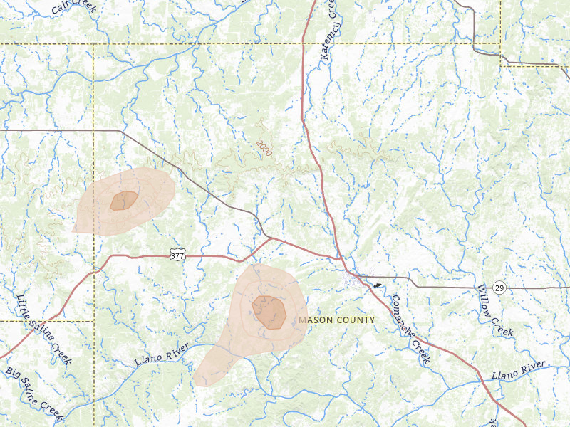 Radar-estimated hail-size map of the storm over Mason, TX on Jun 2, 2026