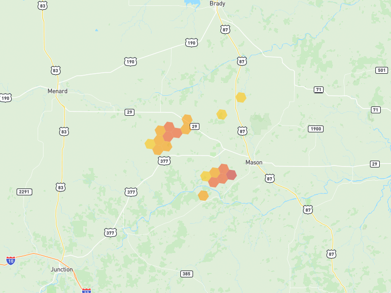 Hail map of Mason, TX on Jun 3, 2026, hail up to 2.25"
