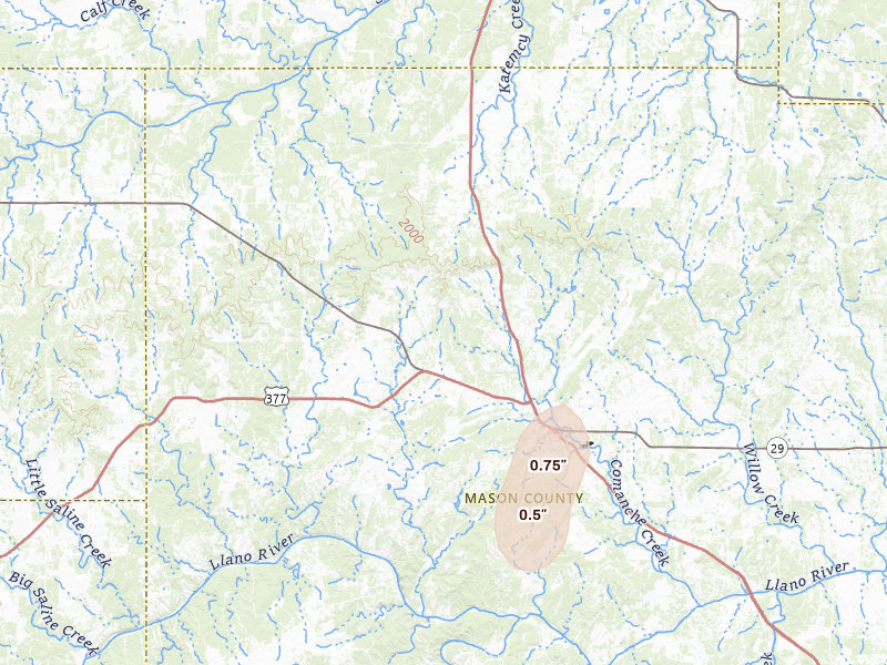 Radar-estimated hail-size map of the storm over Mason, TX on Jun 4, 2026