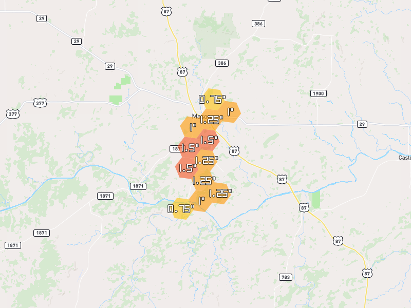 Hail map of Mason, TX on Jun 4, 2026, hail up to 1.5"