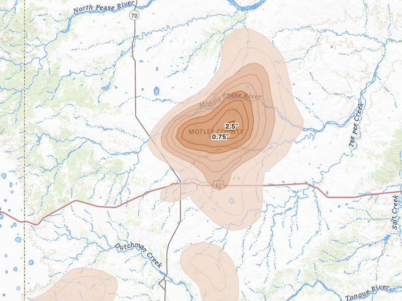 Radar-estimated hail-size map of the storm over Matador, TX on Jun 11, 2026