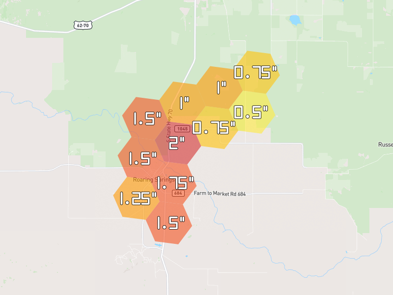 Hail map of Matador, TX on Jul 5, 2026, hail up to 2"