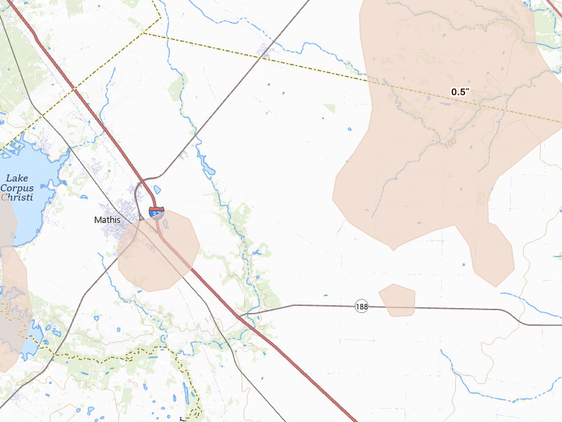 Radar-estimated hail-size map of the storm over Mathis, TX on May 18, 2026